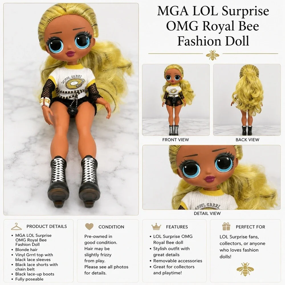 MGA LOL Surprise OMG Royal Bee Fashion Doll Blonde Hair Black Lace Shorts Boots